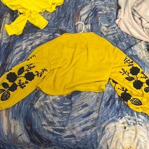 Shein yellow with navy flowers puffy sleeves sweater worn 2 times size small